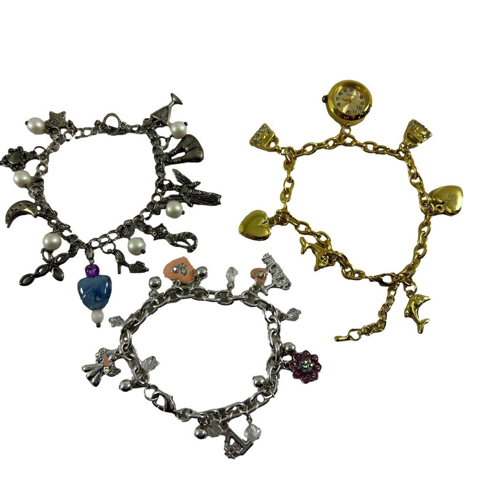 Lot of 3 Charm Bracelets Silver Tone Gold Tone Angels Hearts Dangle Charms